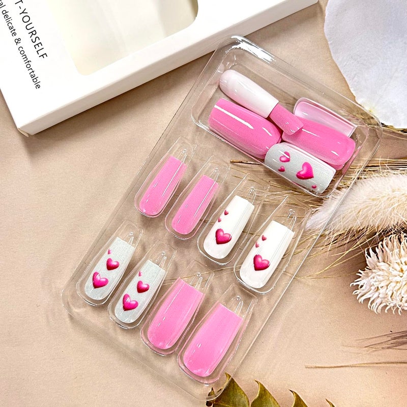 TBRZTR Pink Love Heart Valentine's Press on Nails Square Medium False Nails Pink Acrylic Nails Full Cover Stick on Nails Valentine's Nails Press Ons Artificial Glue on Nails for Women Holiday Nails - Image 3